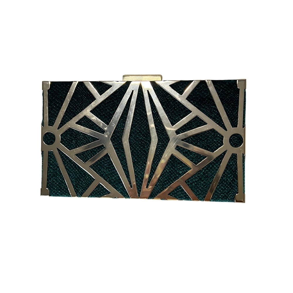 Cariedo Art Deco Geometric Gold Teal Green Velvet Box Clutch Evening Bag